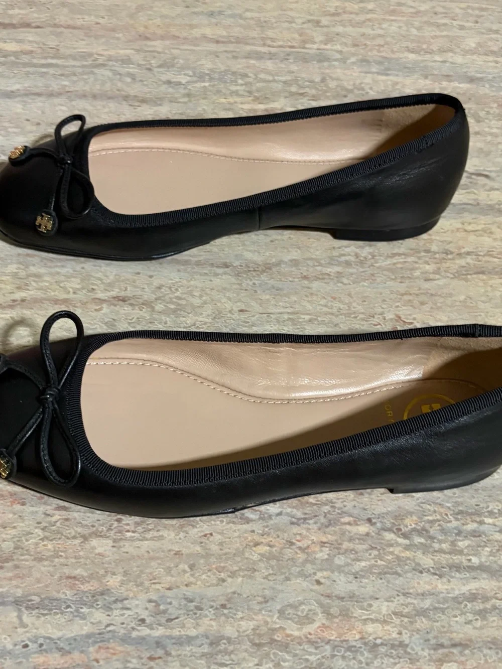 Tory Burch Laila Driver Black Leather Bow Ballet Flats with Gold Logo Charms
